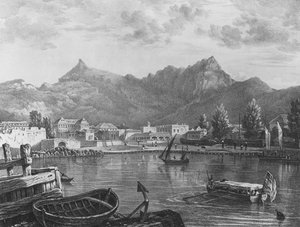Port Louis, Mauritius, från den östra sidan av hamnen, ca 1830 (litografi) av T. (after) Bradshaw