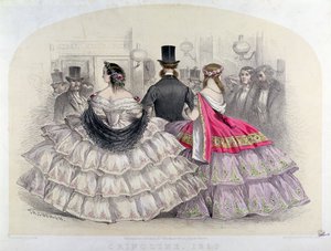 Damer som bär crinolines på Royal Italian Opera, Covent Garden, 1859 (färggravyr) av T. H. Guerin