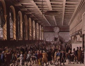 Custom House, the Long Room från Ackermanns "Microcosm of London" av T. and Pugin A.C. Rowlandson