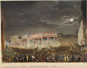 Bartolomeusmässan. Det hölls första gången 1813, det var ett årligt evenemang, varje augusti nära Smithfield och var Londons längsta pågående gatateater. av T. & Pugin A.C. (1762 1832) (after) Rowlandson