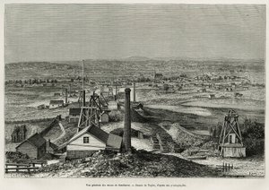 Allmän bild av Sandhursts gruvor, gravering efter en teckning av Taylor, för att illustrera berättelsen sex månader i Australien, av Desire Charnay, uppdragsuppdrag av Ministry of Public Education, 1878, publicerad i tour du monde, under ledning