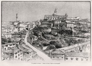 Översikt över Siena (Italien). Gravyr av Taylor för att illustrera historien "" A travers la Tuscane"" av Eugene Muntz (1845-1902), i Le tour du Monde 1892, regisserad av Edouard Charton (1807-1891), Hachette, Paris. av T Taylor