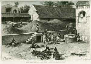 Inne på fabriken Maurel och Prom, i Boulam, samlar och bearbetar jordnötter, palmmandel och gummi. Gravyr av Taylor, efter ett fotografi, för att illustrera berättelsen Voyage dans la Senegambie et la Guinee portuguese, 1888, av kapten A. Brosselard,
