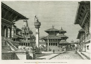 Plats för det kungliga palatset i Patan (nuvarande Lalitpur). Gravyr av Taylor för att illustrera berättelsen Voyage au Nepal, av Dr. Gustave Le Bon (1841-1931), i le tour du monde 1886, regisserad av Edouard Charton (1807-1890), Hachette, Paris.