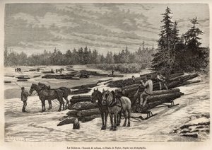 Nedstigningen av flottarna i Ontario, loggarna lastar av de avskurna stammarna och installerar dem på den frostiga floden, sedan under degeln kommer stammarna att bäras av strömmen till den plats där de kommer att släppas ut och omvandlas, gravering efter  av T Taylor