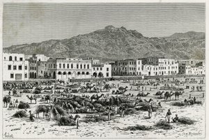 Marschen av Aden (Jemen). Taylors gravyr, för att illustrera berättelsen "" Resan till Benadir, Somalier och Bayoun "", 1882-1883, av M.G. Revoil. Publicerad i Le Tour du monde, nouveau journal des voyages