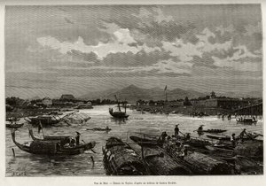 Utsikt över Hue (Vietnam), med beskrivning av navigering på Song Huong-floden och Thien Mu-pagoden, bakom omkretsmurarna. Gravyr av Taylor, för att illustrera berättelsen "" Trente mois au Tonkin"" av Dr Charles Edouard Hocquard (1853-1911), 1885, i