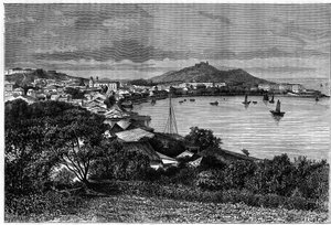 Utsikt över Macau Bay. Gravyr efter en teckning av Taylor, i "Le Tour du Monde, Nouveau journal des Voyages", redigerad av Edouard Charton, Paris