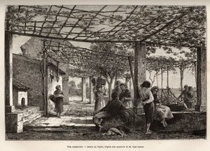 Villa Menton, gravyr efter Taylors teckning, som illustrerar resan av Menton och Bordhighera, 1871, av Adolphe Joanne, publicerad i "Le tour du monde"" 1874, redigerad av Edouard Charton, Hachette-upplagan, Paris. Selva samling.