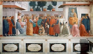 Uppfostran av Theophilus Son, konungen av Antiokia och St. Peter tronade som förste biskop av Antiokia, ca 1427 och ca 1480 (fresk) av T. Masaccio, F. Lippi
