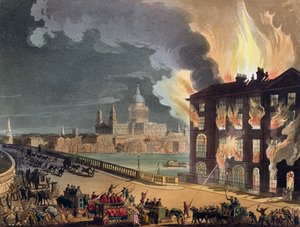 Brand vid Albion Mill, Blackfriars Bridge, från Ackermanns "Microcosm of London" c.1808-11 (akvatint)