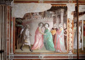 Jungfruns liv: möte mellan Joachim och Anne vid den gyllene porten (fresk, ca 1327)