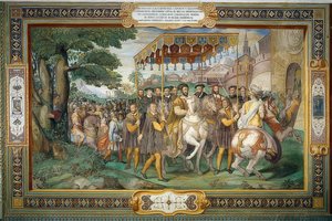 Kung Francis I tar emot Karl V och kardinal Alessandro Farnese i Paris 1540. 1559