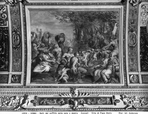 Scen med nymfer, detalj från taket i ett bankettrum, Villa Giulia, Rom (fresk)