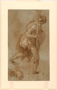 Soldat Running: Studie för figur i vänster förgrund, "Betrayal of Christ," Rom, S. Maria della Consolazione, Matttei Chapel; Separata studier av två huvuden av Taddeo Zuccaro