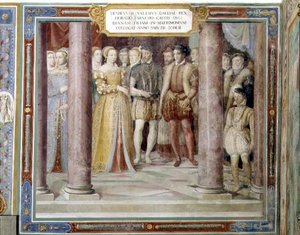 Orazio Farneses äktenskap med Diana, dotter till Henri II av Frankrike (1519-59) från "Sala dei Fasti Farnese" 1557-66 (fresker)