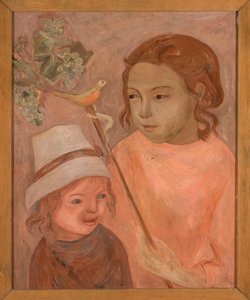Barn med en liten fågel på en pinne av Tadeusz Makowski