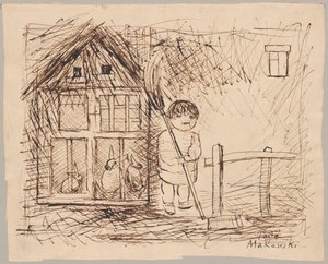 Barn under en bur med kaniner av Tadeusz Makowski