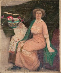 Porträtt av en dam i rosa klänning (Wanda Popławska) av Tadeusz Makowski