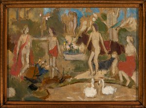 Trädgårdsscen med figurer och svanar av Tadeusz Makowski