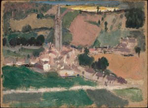 Vy över en småstad med kyrktorn av Tadeusz Makowski
