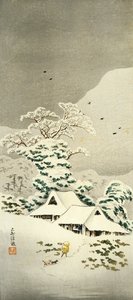 Scen i snö i Sawatari i Joshu-distriktet, cirka 1930, av Takahashi Shotei (1871-1945), o-tanzaku-formad träsnitt, 38,1 x 17,1 cm, japansk civilisation, Meiji-Showa-perioden av Takahashi Shotei