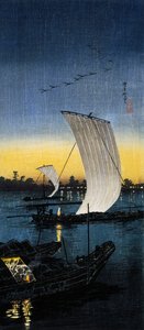 Sekiyado kvällsvy, ca 1930 (O-tanzaku träsnitt)
