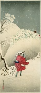 Resenär i snön (trätryck i färg)