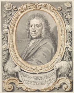 Porträtt av Johannes (Jan) van Bronkhorst i ram med blommor och två fåglar av Tako Hajo Jelgersma
