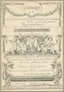 Titelsida för Souvenir från den första jubileumsföreställningen i London av The Merry Widow (färg litho) av Talbot Hughes
