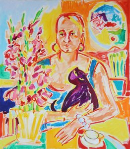 Självporträtt med en lila katt efter Max Beckmann, olja på duk, 2024