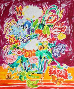 Ett livfullt blomsterstilleben av Tamara Jare