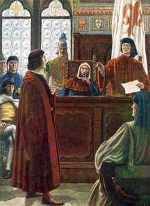 COSIMO DE MEDICI, storhertig av Toscana, försvarar sig här mot anklagelser från sina fiender av Tancredi Scarpelli