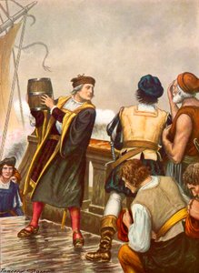 Columbus på returen från sin första resa kastar en tunna i havet av Tancredi Scarpelli