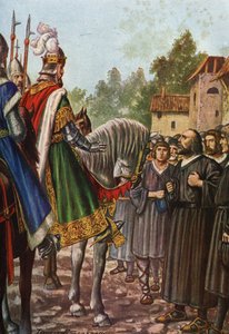 Kejsar Frederic I Barberossa (1122-1190) passerar på sin andra resa till Italien 1158 floden Adda och möter folket i Lodi som ber honom att få tillbaka sitt territorium. Tancredi Scarpelli (1866-1937) från "Storia d