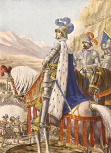 Francois 1:e av Frankrike under slaget vid Marignan 1515, illustration, 30-tal av Tancredi Scarpelli