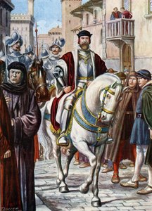Porträtt av Cosimo (Come) I av Toscana (Cosimo de Medici) (1519-1574), som cirkulerade genom Florens gator, omringade medlemmar av hans milis bestående av spanska och tyska soldater (Porträtt av Cosimo I de Medici, storhertig av Toscana , skyddad av Tancredi Scarpelli