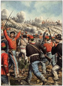 Risorgimento : avbildning av Giuseppe Garibaldi (1807-1882) under ett slag - omslag till "Garibaldi, Cronistoria illustrata dell