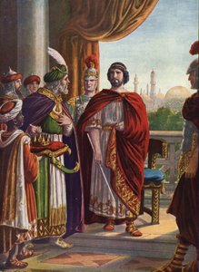 Romersk antikvitet: Kejsar Julianus den avfällde (filosofen Julian eller Julian II) segrande av den persiske kungen Shapur II 363 e.Kr."" (romerske kejsaren Julianus avfällingen (filosofen Julian) och kungen av Persien Shapur II, 363 e.Kr.) Illustration av av Tancredi Scarpelli