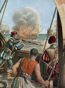 Andra expeditionen till Indien (1502-1503) "" Sjöstrid mellan den portugisiska flottan av Vasco de Gama och den i Calicut, portugiserna avfyrar det muslimska skeppet Miri laddar peleriner som återvänder från Mecka, 3/10/1502"" (andra resan av Vasco de Gama av Tancredi Scarpelli