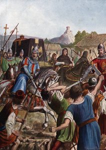 Begravningskåren för kejsar Otton (Othon) III av det heliga riket (980-1002) tar kvarlevorna genom Italien mot Aachen och kämpar i sin passage mot revolterade befolkningar (kistan till Otto III, den helige romerska kejsaren, som passerar genom folkmassor i av Tancredi Scarpelli