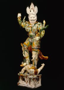 Lokapala (Heavenly Guardian), tidigt 800-tal (lergods med trefärgade (sancai) blyglasyrer)