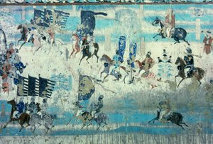Zhang Yichao, guvernör i västra Gansu på utflykt för att bekämpa tibetanerna, Tangdynastin, 850-907 (väggmålning) av Tang Dynasty Chinese School