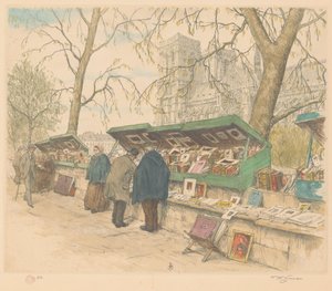 Bokstånd på Quai de Montebello, Notre-Dame i bakgrunden av Tavík František Šimon (signed by artist)