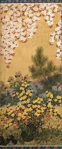 Blommor och fjärilar (bläck, färg och bladguld på papper)
