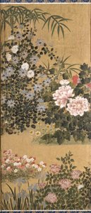 Blommor och fjärilar (bläck, färg och bladguld på papper)