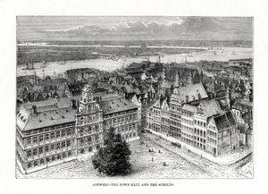 Rådhuset och floden Schelde, Antwerpen, Belgien, 1879