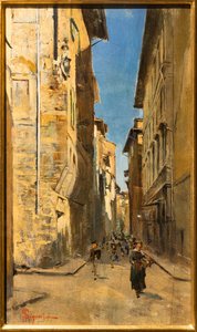 Delvis utsikt över en gata i Florens historiska centrum, ca 1880 (olja på panel) av Telemaco Signorini