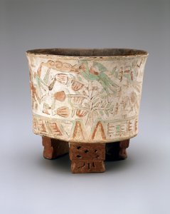 Stativvas med två blåskyttar och quetzalfåglar i kakaoträd, sent Xolalpan, 550-650 (lergods med målad stuckatur) av Teotihuacan Teotihuacan