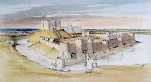 Illustration av York Castle, North Yorkshire, som det kan ha varit i slutet av 1200-talet, 1985
